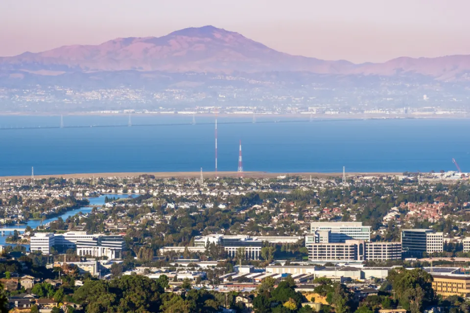The San Francisco Bay Area is visible from San Carlos, across the bay to the East Bay. Mount Diablo looms in the background.